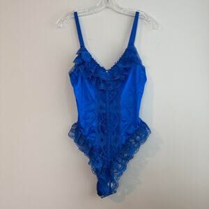 Vintage royal blue lace bodysuit teddy with ruffle trim